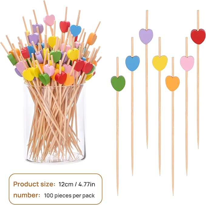 JtmyAota 100 Pack Fruit Toothpicks, Heart-Shaped Bamboo Cocktail Picks, Natural Bamboo Toothpicks for Appetizers Fruit Cake Dessert Barbecue Snacks Sandwiches (Red)
