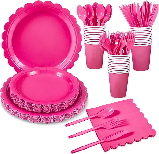 175 Pcs Hot Pink Paper Plates and Napkins, 25 Guest Hot Pink Supplies Include Scalloped Party Plates Napkins Cups Plastic Cutlery Set for Birthday, Bridal Shower