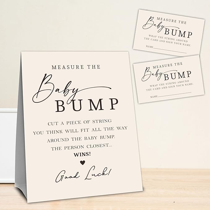 Beige Baby Shower Measure The Baby Bump, Measure Mommy's Belly Game Set - 1 Self-Standing Sign And 50 Tickets - Gender Reveal, Baby Shower, Baby Announcement Activity & Party Favor Supplies - A14