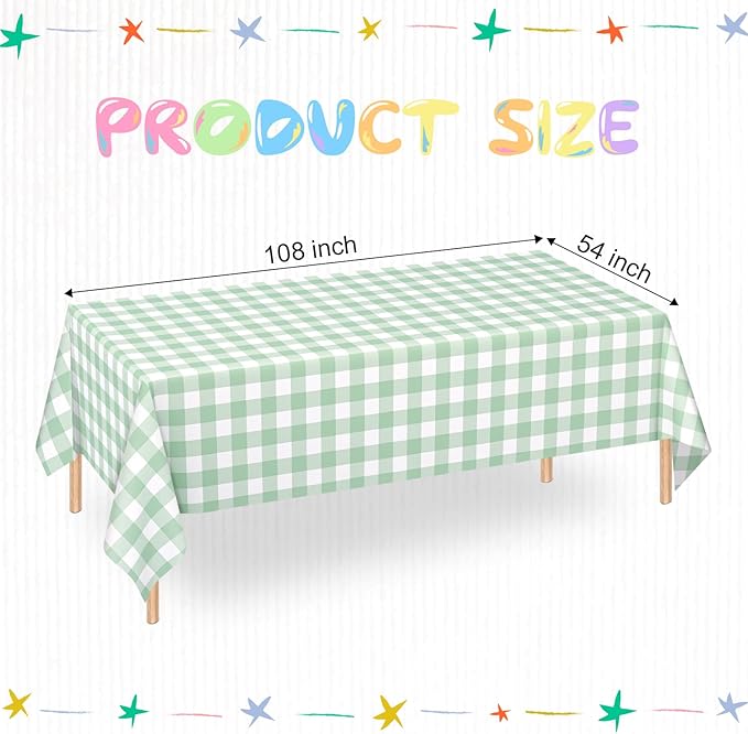 WNINK 6 Pack Sage Green Checkered Rectangular Plastic Tablecloths, Green Gingham Waterproof Disposable Table Covers 54" x 108" for Birthday, Baby Shower, Wedding, Outdoor Picnic Parties