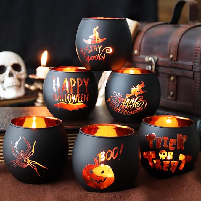 WDHODEC Halloween Candle Holders 6 Pieces Black Glass Votive Candle Holder for Halloween Wedding, Party, Table Centerpiece Décor Halloween Decorations Indoor and Outdoor