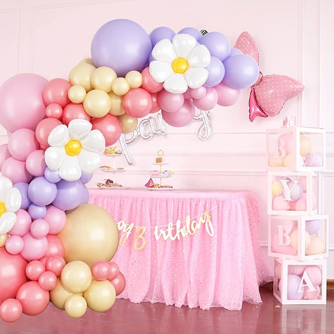 149Pcs Daisy Balloon Garland Arch Kit, Pastel Pink Purple Orange Matte Dusty Pink Boho Groovy Daisy Flower Latex Balloon Garland for Girls Women Bridal Baby Shower Wedding Birthday Party Decorations