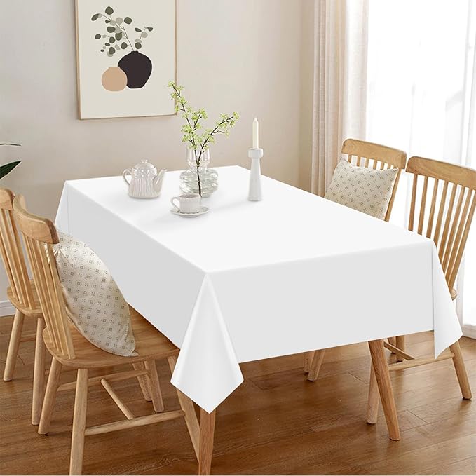 2 Pack White Plastic Tablecloth 54 x 108 Inch Disposable Table Cloth Rectangular Table Cover for Indoor or Outdoor Parties Engagement Wedding Bridal Shower Banquet