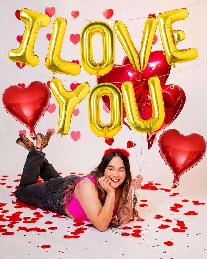 Gold I Love You Balloons and Red Heart Balloons Valentines Decorations Love Heart Balloons for for Valentines Day Bridal Shower Wedding Romantic Special Night Party Supplies Decorations