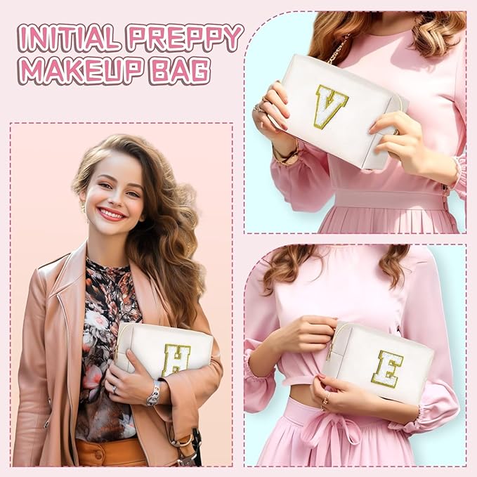 TOPEAST Monogrammed Gift for Women Girls, Personalized Initial Makeup Bags Cosmetic Bag with Zipper, Cute Makeup Pouch, PU Leather Waterproof Toiletry Bag, Preppy Gifts Stuff for Girl (White E)