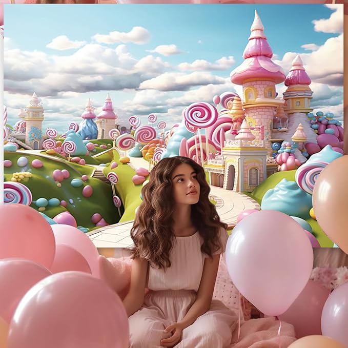 5x3ft Candyland Backdrop Fantasy Sweet Candy Castle Cream Photography Background Candyland Theme Boys Girls Birthday Party Decorations Banner Photo Studio Props