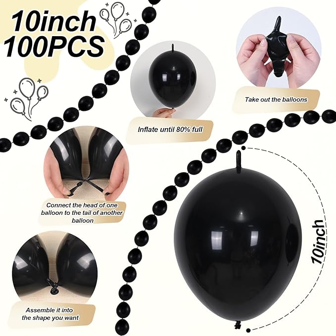 Black Linking Balloons, 100PCS Linked Balloon with Tail for Balloon Wall Arch and Chains, Quick Linkable Balloons for Wedding Birthday Baby Shower Engagement Graduation Party Decorations (10inch)
