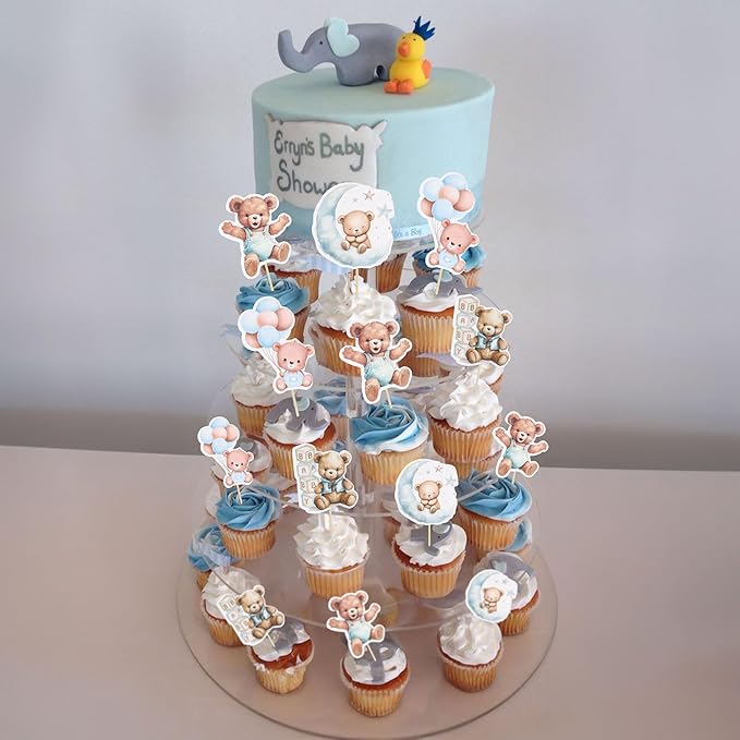 Gyufise 32Pcs Baby Shower Bear Cupcake Toppers Moon Baby Bear Baby Shower Cake Topper Decorations Jungle Animal Theme Birthday Party Cake Supplies Blue