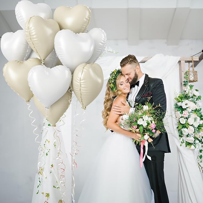 Cream Heart Foil Balloon, 18 Inch Sand White Heart Shape Foil Balloon, Beige Heart Balloons with Grey White Helium Balloons for Valentines Day Boho Birthday Bridal Shower Wedding Baby Shower