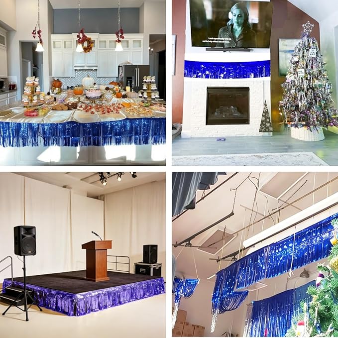 4 Pack Royal Blue Total 40 Feet Foil Fringe Garland Metallic Tinsel Banner Wall Hanging Drapes Parade Float Skirting Decorations for Trailer Mardi Gras Party Birthday Wedding Baby Shower