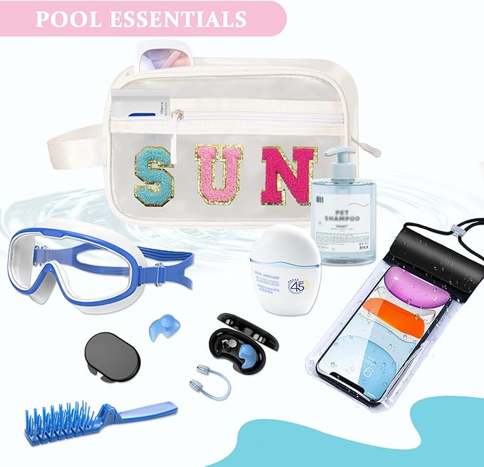COSHAYSOO Clear SUN Makeup Bag Sunscreen SPF Pouch Beach Pool Lake Spa Travel Cosmetic Toiletry Stuff Organizer for Women Teenage Girls Mothers Day Nurse Appreciation Graduation Preppy Gifts