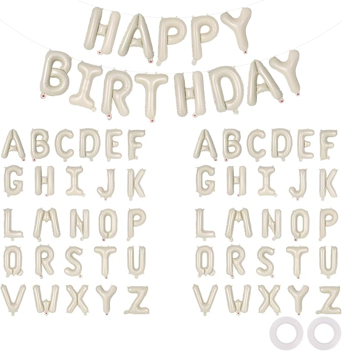 65 Pcs Cream Happy Birthday Balloons and 2 Sets A-Z Letters Foil Balloons, Beige 16 Inch Personalized Name Happy Birthday Banners for Wedding Baby Shower Anniversary Party Decorations (Cream)