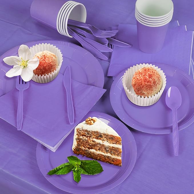 TWOWYHI 229PCS Purple Party Supplies Set Paper Disposable Plates Cups Plastic Spoons Forks Knives Purple Napkins for 30 Guests Disposable Party Dinnerware Sets for Wedding Birthday Parties
