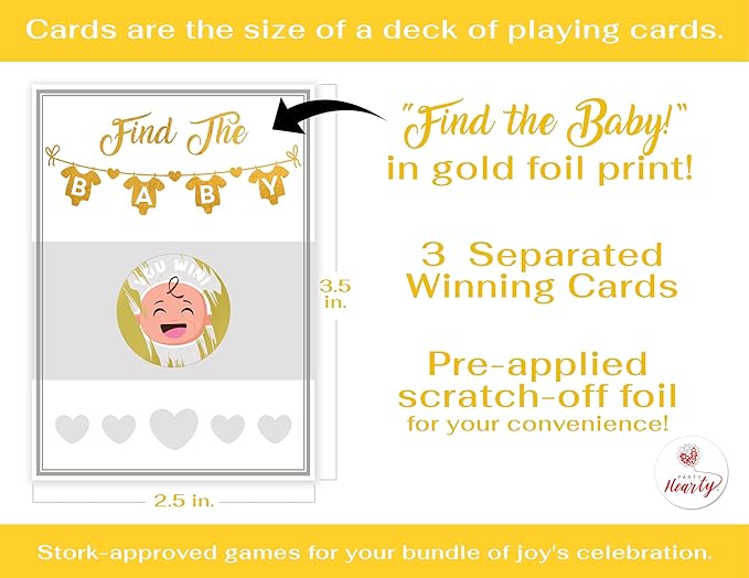 Party Hearty Baby Shower Games Gold 33 Raffle Cards, Emoji Scratch Off Lottery Tickets, 3 Winners 5 Different Loser Card Designs, Gender Neutral, Silly Activity for Ice Breakers, Door Prizes, Favors