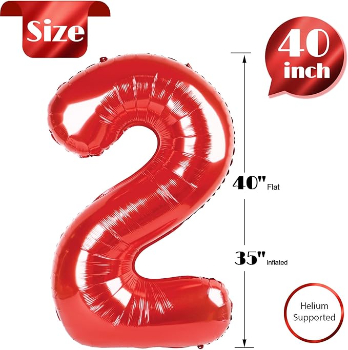 Red 2 Balloon, Number Balloon 40 Inch, Two Number Birthday Decorations, Second 2nd for Birthday Party Supplies, Number 2