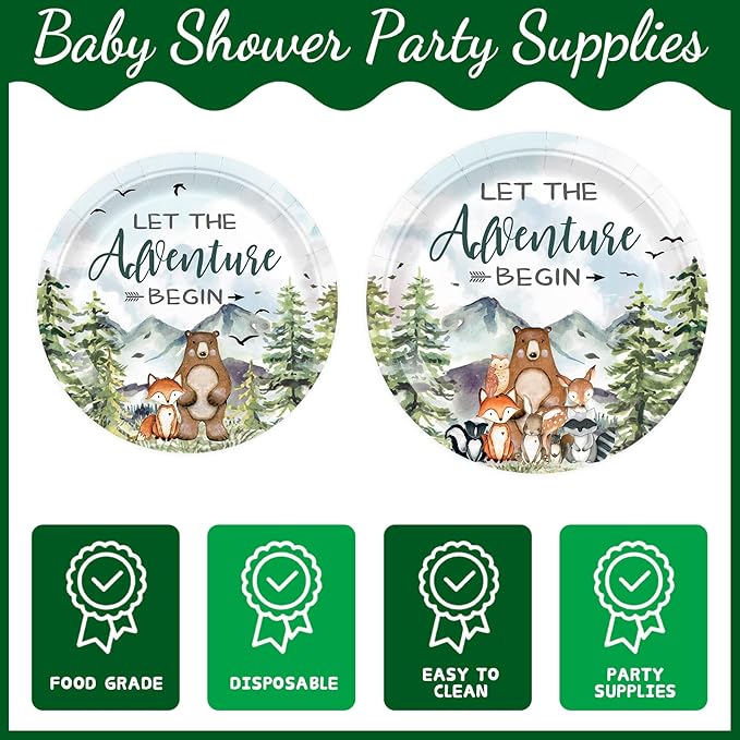 120pcs Let The Adventure Begin Party Supplies Baby Shower Plates Napkins Tableware Set Disposable Cups Green Forks Adventure Party Supplies for 24 Guests