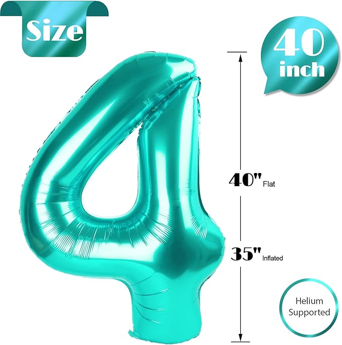 Teal Number 4 Balloon 40 Inch, 4 Balloon Number, 4th Birthday Decorations, Teal Party Supplies for Boys Girls