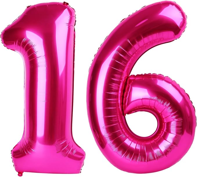 Hot Pink Number 16 Balloons 40 inch, 16 Number Balloons, 16th Birthday Decorations for Girls 16 Year Old Hot Pink Party Supplies
