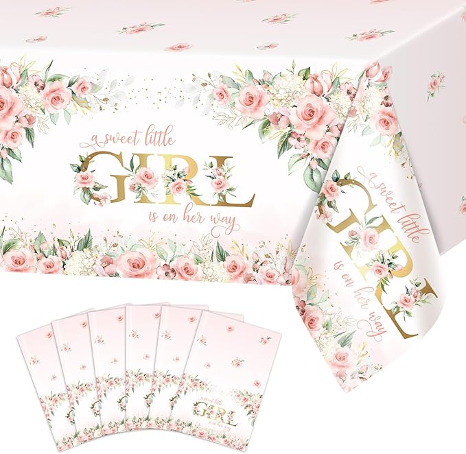 Avezano 6 pcs Girl Baby Shower Tablecloth 108x54 inch Pink Floral Baby Shower Party Tablecovers Disposable A Sweet Little Girl is on Her Way Table Cloth Plastic