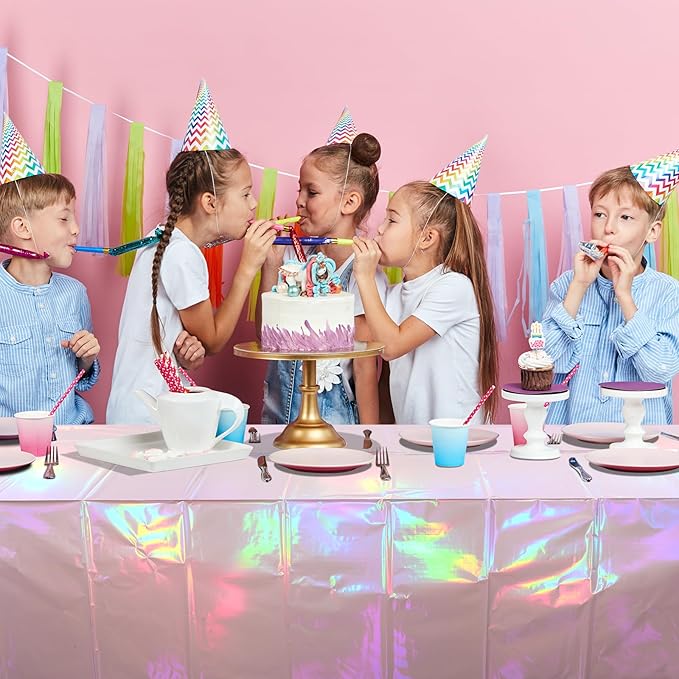 6 Pack Iridescent Light Pink Tablecloth for Parties, Pastel Pink Holographic Plastic Table Cover, Disposable Laser Baby Pink Table Cloth for Birthday Wedding Baby Shower Party Decorations, 54x108 Inch