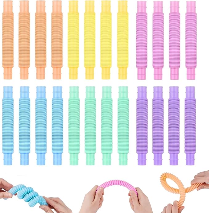 24 Pcs Easter Basket Stuffer Pop Tubes, Sensory Fidget Toys Party Favors for Kids 8-12, Classroom Prizes Gifts Anxiety Goodie Bag Travel Toys for Car Airplane, 12 Pcs Large & 12 Pcs Medium