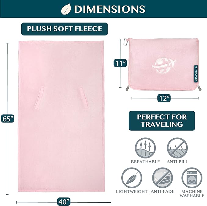 PAVILIA Travel Blanket and Pillow, Arms Opening Airplane Blankets for Adults, Compact Plane Blanket with Arm Hole 2-in-1 Bag for Flight Car Camping Fit in Luggage Backpack Traveler Gift, Pink
