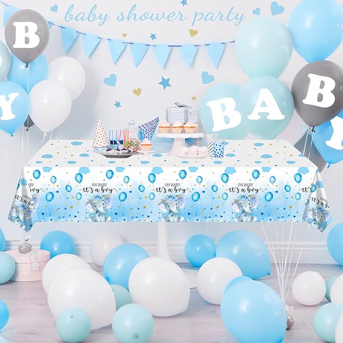 3 Pack Elephant Baby Shower Tablecloth Decorations, Elephant Baby Shower Decorations, Plastic Tablecloth Table Cover Backdrop for Baby Boy Girl Gender Reveal Party Supplies, 54 x 108 Inch, Blue