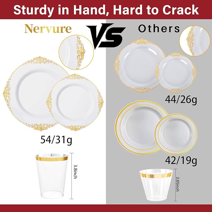 Nervure 350PCS Gold Plastic Plates - Gold Plastic Dinnerware Sets for 50 Guests - 100 Disposable Plates, 150 Silverware, 50 Cups, 50 Napkins for Wedding & Party