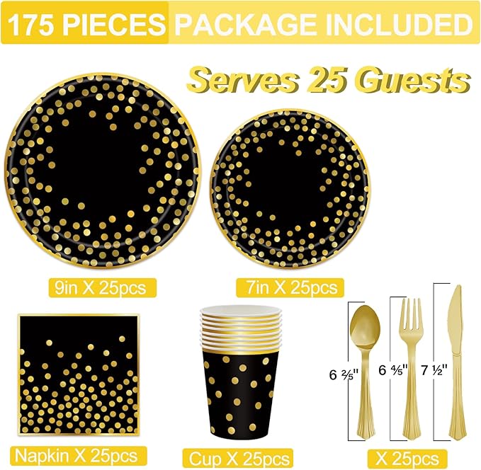 175PCS Black and Gold Paper Plates Party Supplies for 25 Guests Disposable Party Decorations Dinnerware Golden Dot Black Paper Plates Napkins Cups Gold Plastic Forks Knives Spoons for Parties