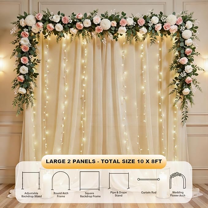GALLETY 10 FT x 8 FT Champagne Backdrop Curtain - Tulle Backdrop Curtain with Lights String - Sheer Backdrop Curtains with 4 Inch Rod Pockets for Birthday Weddings Baby Shower Theme Party Decorations