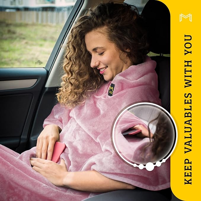 Travel Blanket Airplane Compact with Hoodie – 2in1 Airplane Travel Accessories from Plane Blanket to Travel Pillow with Luggage Strap, Soft Handle & Secure Pocket (Light Pink, 62x41'')