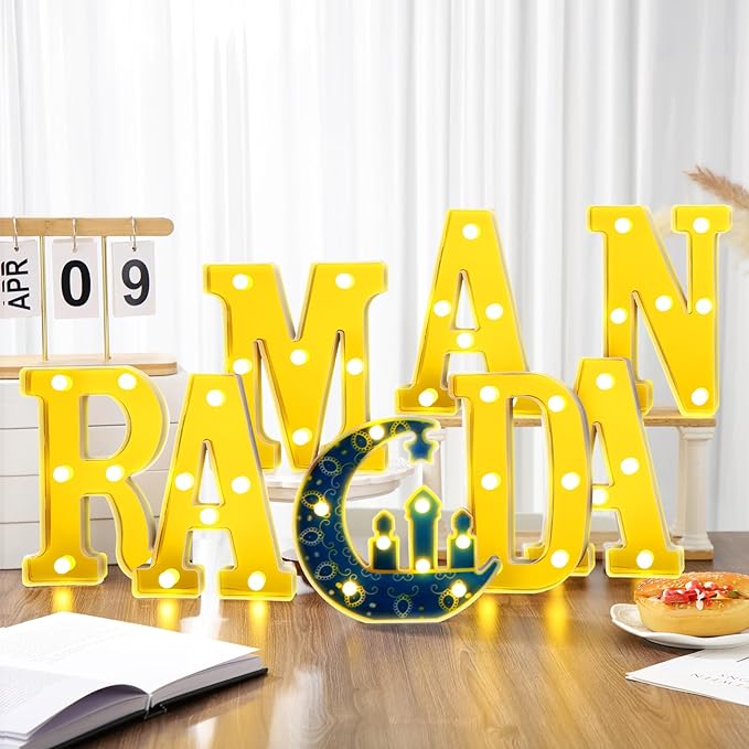 8 Pcs Ramadan Decorations Ramadan LED Letter Lights Sign Battery Powered Light up with Mirror Surface Table Decor Hanging Decorations for Party Club Restaurant Indoor Outdoor Wall Decor