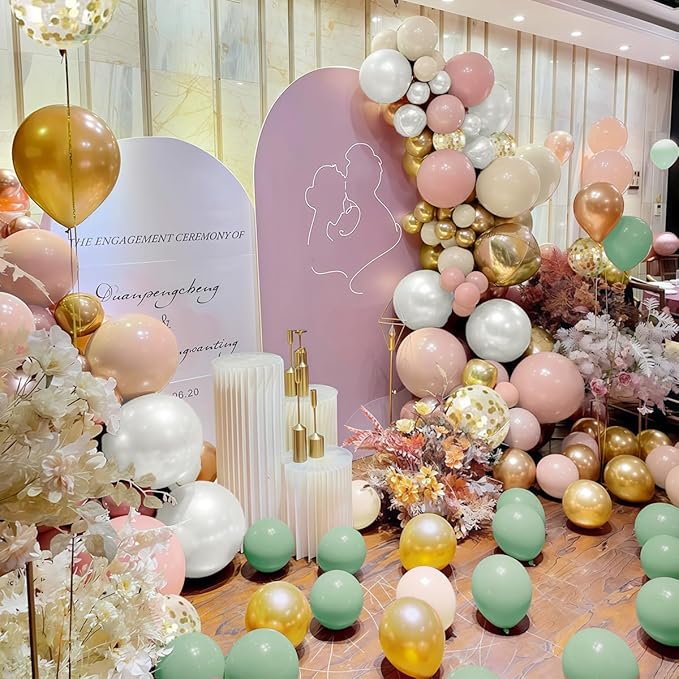 Pastel Green Pink White Gold Balloon Arch Kit, 147PCS Fog Green Light Pink White Sand Gold Metallic and Confetti Balloons Garland for Baby Shower Gender Reveal Wedding Party Decoration