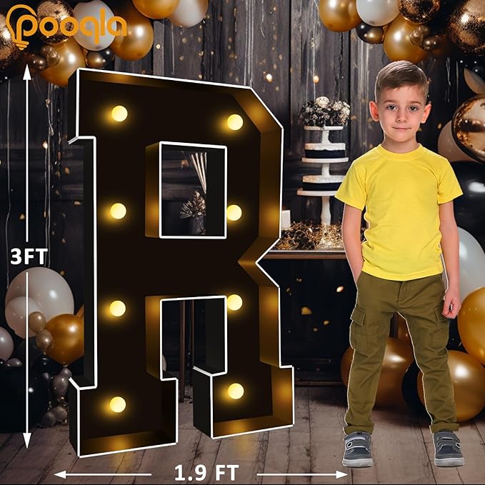 Pooqla 3 FT Marquee Light Up Letters, Black Marquee Letter Lights 3 Feet Tall, Giant LED Sign Big Mosaic Letters for Balloons Birthday Party Anniversary Wedding Decorations, Warm White R
