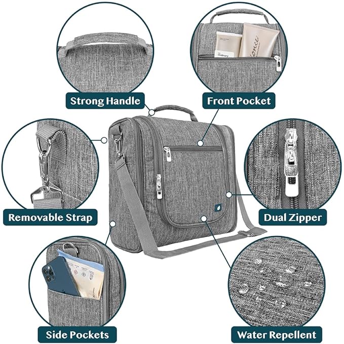 PAVILIA Extra Large Toiletry Bag Travel Bag for Women Men, Hanging Cosmetic Organizer, Water Resistant Makeup Bag for Accessories Toiletries, Travel Essentials Kit (Grey)