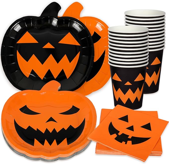 72Pcs Halloween Party Dinnerware Set Orange Black Pumpkin Themed Paper Plates Cups Napkins Halloween Disposable Tableware Party Supplies for Spooky Themed Party Birthday, Serves 24 Guests