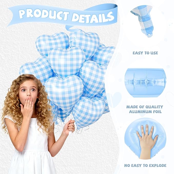 Blue White Checkered Heart Balloons, 10 Pcs Light Blue Grid Heart Shape Balloon, 18 Inch Lattice Foil Valentines Balloons for Kids Boys Birthday Wedding Valentines Bridal Baby Shower Party Decorations