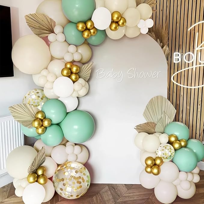 Pastel Green Pink White Gold Balloon Arch Kit, 147PCS Fog Green Light Pink White Sand Gold Metallic and Confetti Balloons Garland for Baby Shower Gender Reveal Wedding Party Decoration