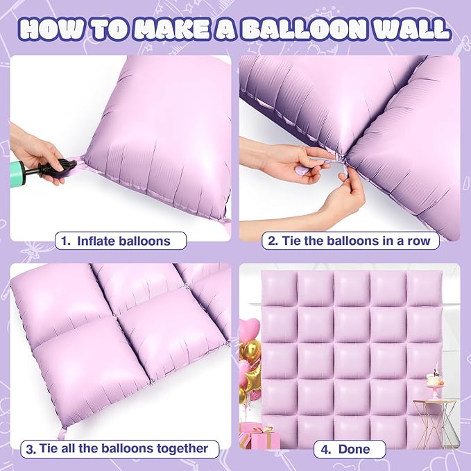 NISOCY 25PCS Purple Square Foil Balloons Wall Backdrop Double Sided Pastel Purple Balloons Arch Kit for Birthday Baby Bridal Shower Gender Reveal Easter Wedding Anniversary Party Decorations