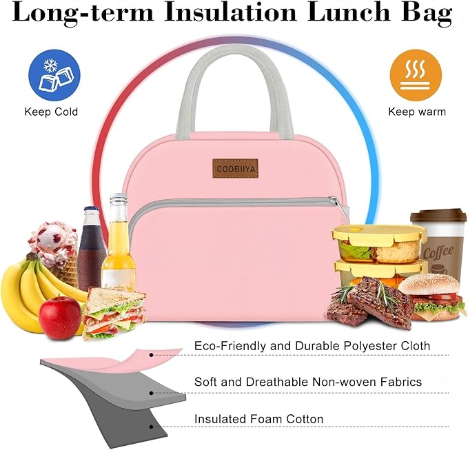 Coobiiya Lunch Bag for Women Men, Insulated Reusable Picnic Bag, 10.8"L x 6.3"W x 8.85"H, Pink