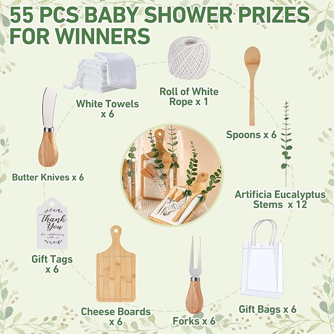 55Pcs Baby Shower Prizes for Game Winners 6 Sets Bamboo Cheese Board Spoon Fork Butter Spreaders Plaid Towel Thank You Card and Gift Bags for Baby Shower Wedding Bridal Shower Favors