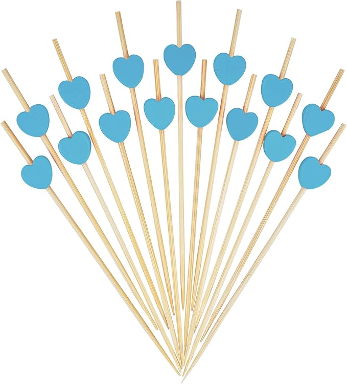 Minisland Sky Blue Love Heart Cocktail Picks, 4.7 Inch Long Bamboo Fancy Toothpicks for Appetizers, Decorative Baby Shower Wedding Valentines Party Food Drinks Fruit Skewer Sticks 100 Counts -MSL133
