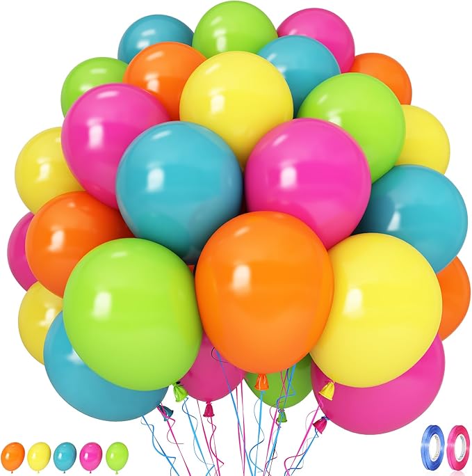 Hawaii Balloons Set, Pack of 60 12 Inch Hot Pink Orange Blue Light Green Yellow Neon Rainbow Latex Balloon for Summer Tropical Flamingo Luau Beach Aloha Baby Shower Birthday Party Decorations Supplies