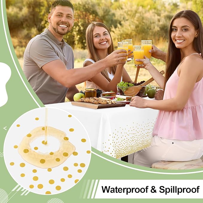 misaya 4 Packs Dot Disposable Table Cloth, 54 x 108 Inch Waterproof Plastic Tablecloth, Rectangle Gold Dots in White Table Covers for Easter, Picnic, Birthday, Party