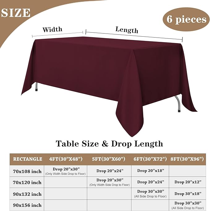 Fitable Burgundy Rectangle Table Clothes, 6 Pack - 90 x 156 Inch - Reusable and Washable Tablecloths, Polyester Fabric Table Covers for Wedding, Party, Banquet, Formal Events