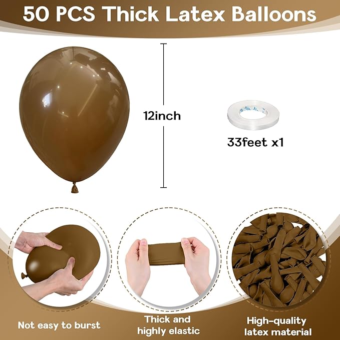 Brown Balloons 12 Inch, 50 Pcs Light Brown Balloon Coffee Chocolate Brown Latex Balloons Matte Tan Caramel Mocha Helium Balloons for Birthday Wedding Boho Bear Baby Shower Party Decorations