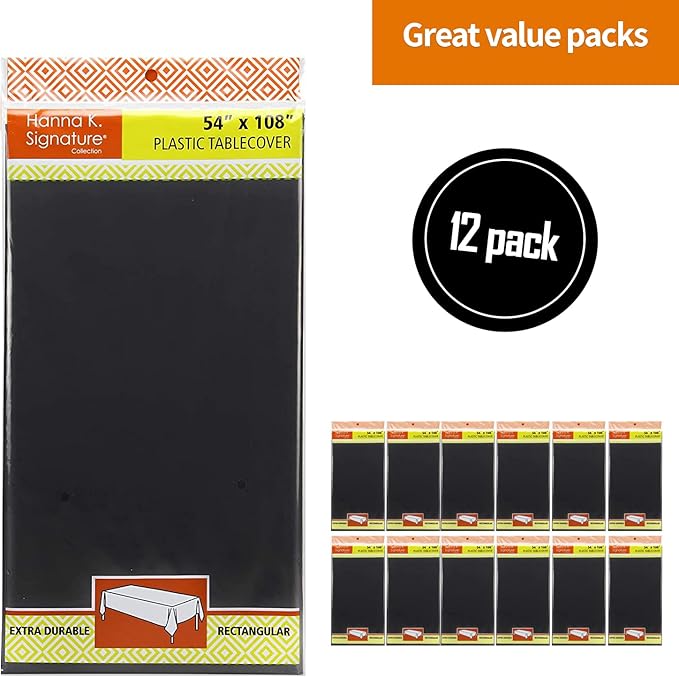 Party Dimensions Black Tablecloth Disposable Plastic Table Cover for Rectangle Tables (12 Pack) Premium Plastic Table Cloths for Parties, Events & Weddings, Indoors/Outdoors, 54"x108"