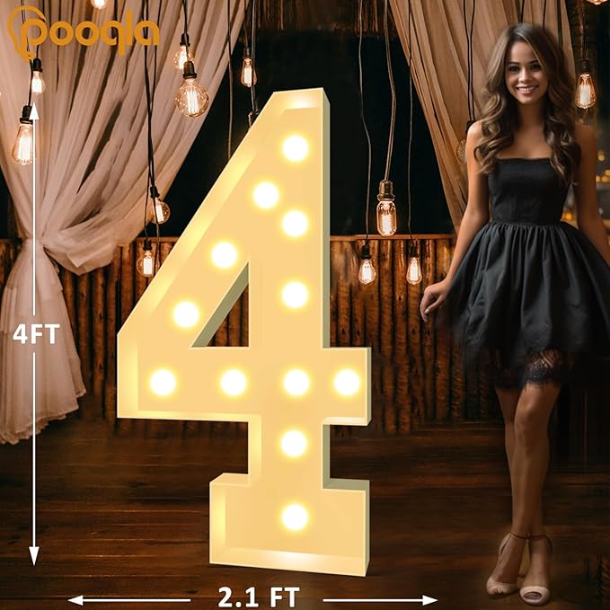 Pooqla 4 FT Light Up Marquee Numbers, Giant Mosaic Light Up Numbers Cool White and Warm White LED, Large Lighted Marquee Numbers for Balloons 4th 14th 40th Birthday Party Decoration, LED Number 4