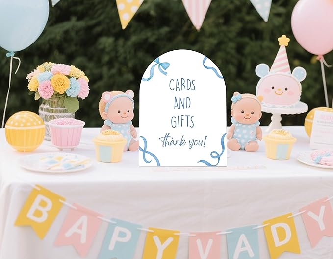 Blue Bow Cards and Gifts Sign for Baby Shower, 6x8 Inch Arch Wooden Sign with Stand, Blue Baby Shower Table Sign, Gender Neutral Party Decoration - QW09