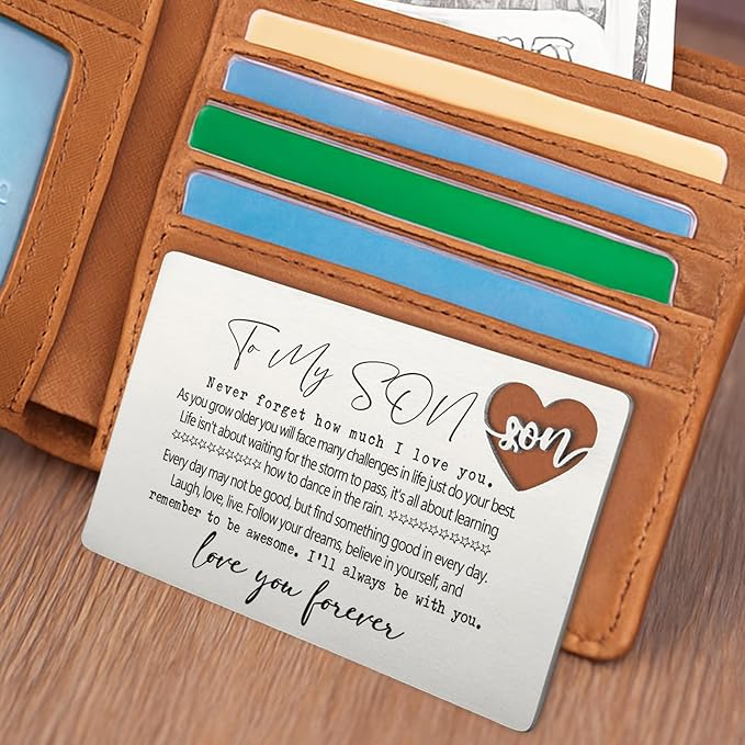 YODOCAMP To My Son Wallet Insert Card from Mom and Dad, Engraved Inspirational Keepsake with Loving Message, Sentimental Gift for Boys or Men, Birthday Graduation Encouragement Card Alternative QBK01